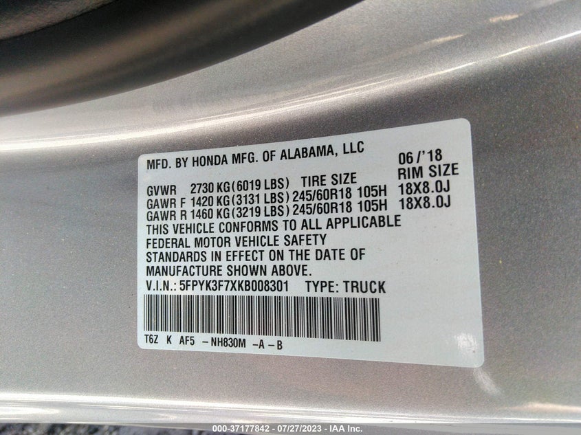 VIN 5FPYK3F7XKB008301 2019 HONDA RIDGELINE RTL-E