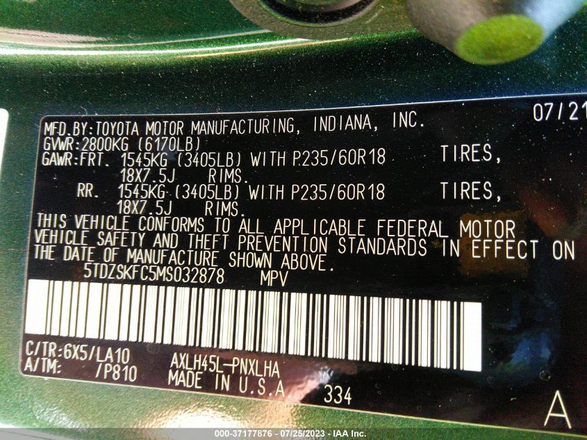 2021 TOYOTA SIENNA LIMITED/PLATINUM - 5TDZSKFC5MS032878
