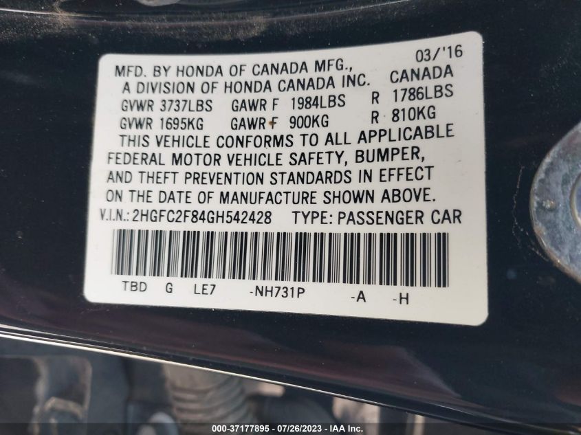 2016 HONDA CIVIC SEDAN EX - 2HGFC2F84GH542428