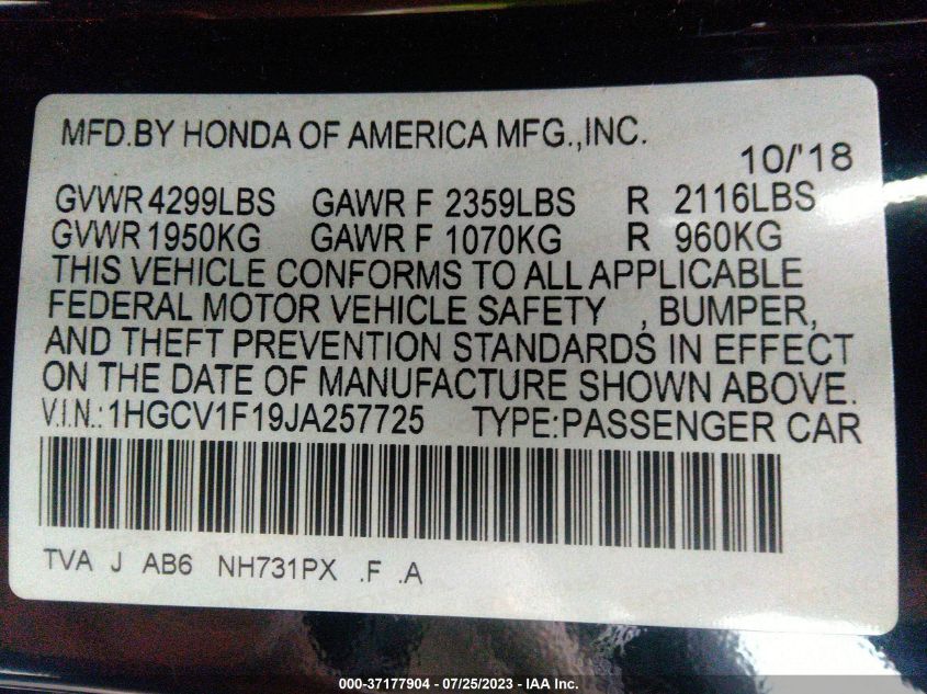 2018 HONDA ACCORD SEDAN LX 1.5T - 1HGCV1F19JA257725