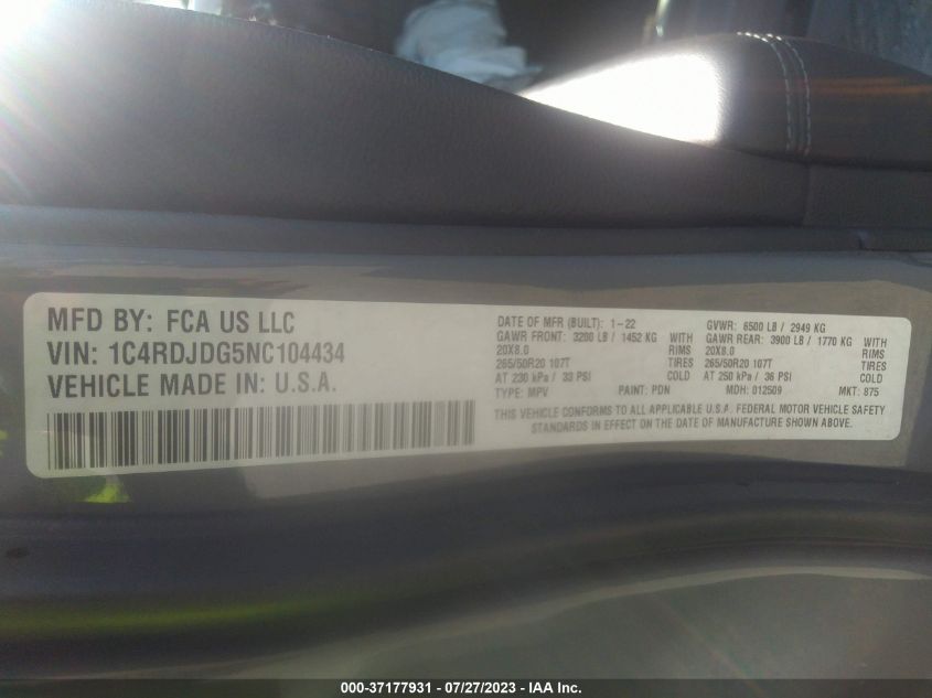 2022 DODGE DURANGO GT PLUS - 1C4RDJDG5NC104434