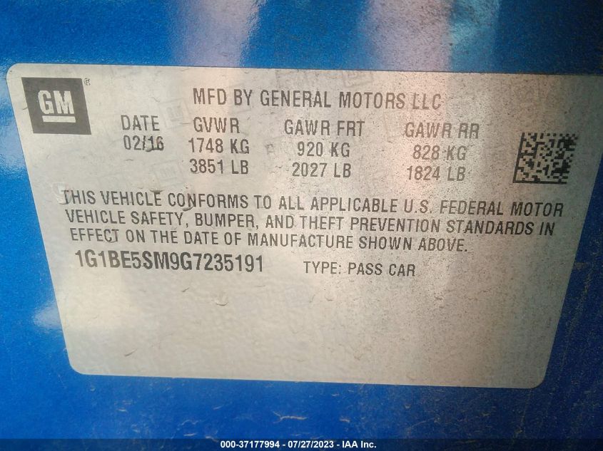 2016 CHEVROLET CRUZE LT - 1G1BE5SM9G7235191