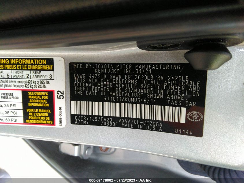2021 TOYOTA CAMRY SE - 4T1G11AK0MU546714