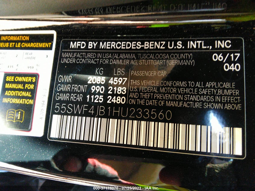 VIN 55SWF4JB1HU233560 2017 MERCEDES-BENZ C-CLASS C 300