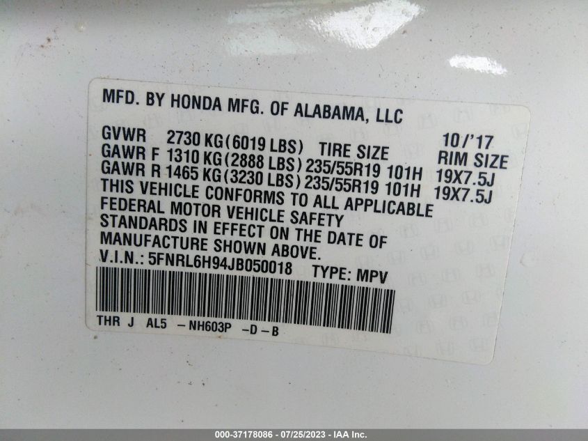 2018 HONDA ODYSSEY ELITE - 5FNRL6H94JB050018