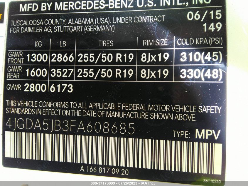 2015 MERCEDES-BENZ ML 350 4JGDA5JB3FA608685