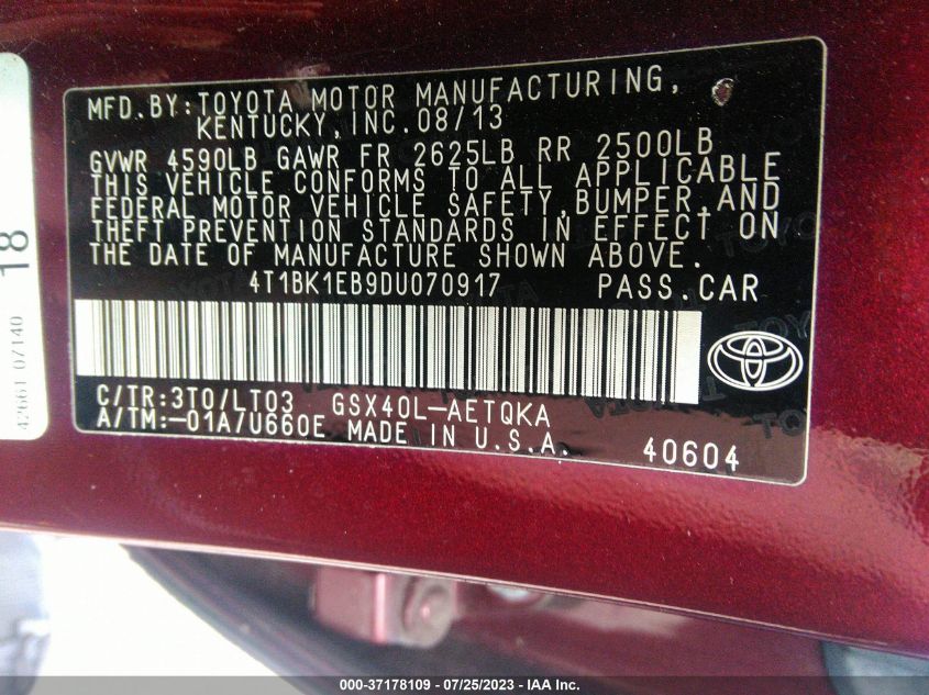 2013 TOYOTA AVALON XLE/LIMITED - 4T1BK1EB9DU070917