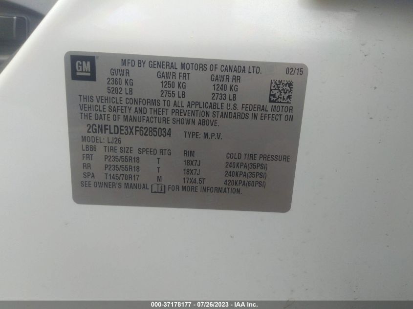 2015 CHEVROLET EQUINOX LTZ - 2GNFLDE3XF6285034