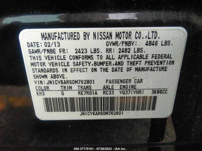 2013 INFINITI G37 SEDAN X - JN1CV6AR6DM762801