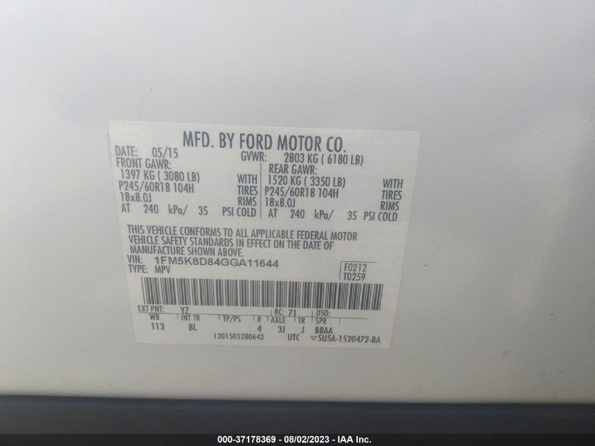 2016 FORD EXPLORER XLT - 1FM5K8D84GGA11644