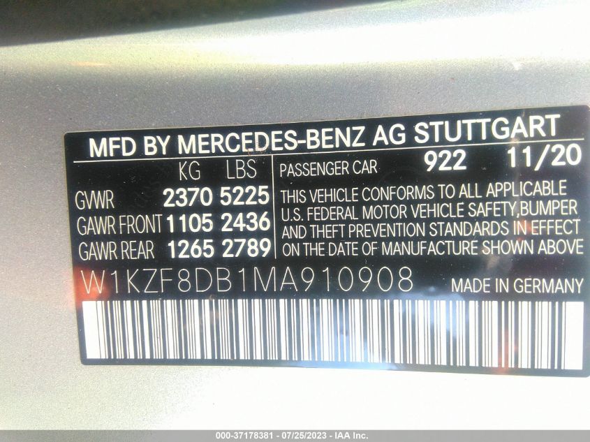 2021 MERCEDES-BENZ E-CLASS E 350 - W1KZF8DB1MA910908