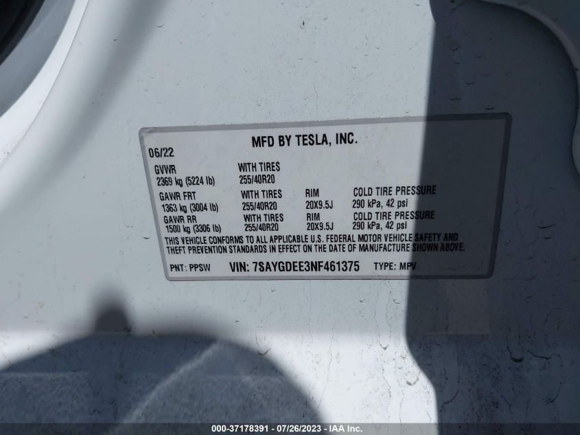 2022 TESLA MODEL Y LONG RANGE - 7SAYGDEE3NF461375
