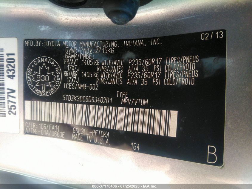 2013 TOYOTA SIENNA L - 5TDZK3DC6DS340201