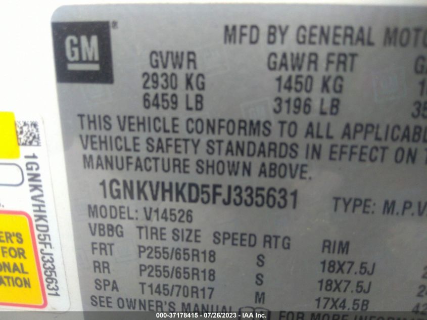 2015 CHEVROLET TRAVERSE LT - 1GNKVHKD5FJ335631
