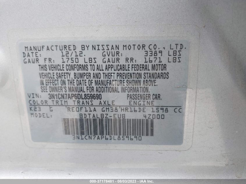 2013 NISSAN VERSA SV - 3N1CN7AP6DL859690
