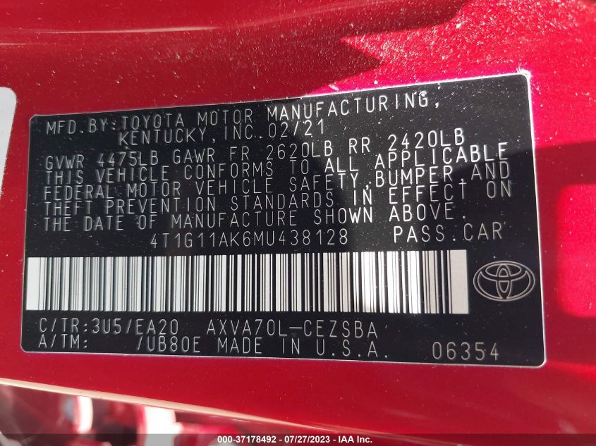 2021 TOYOTA CAMRY SE - 4T1G11AK6MU438128