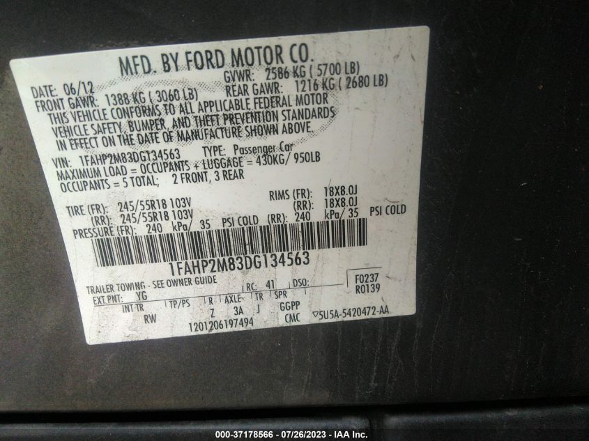 2013 FORD SEDAN POLICE INTERCEPTOR 1FAHP2M83DG134563