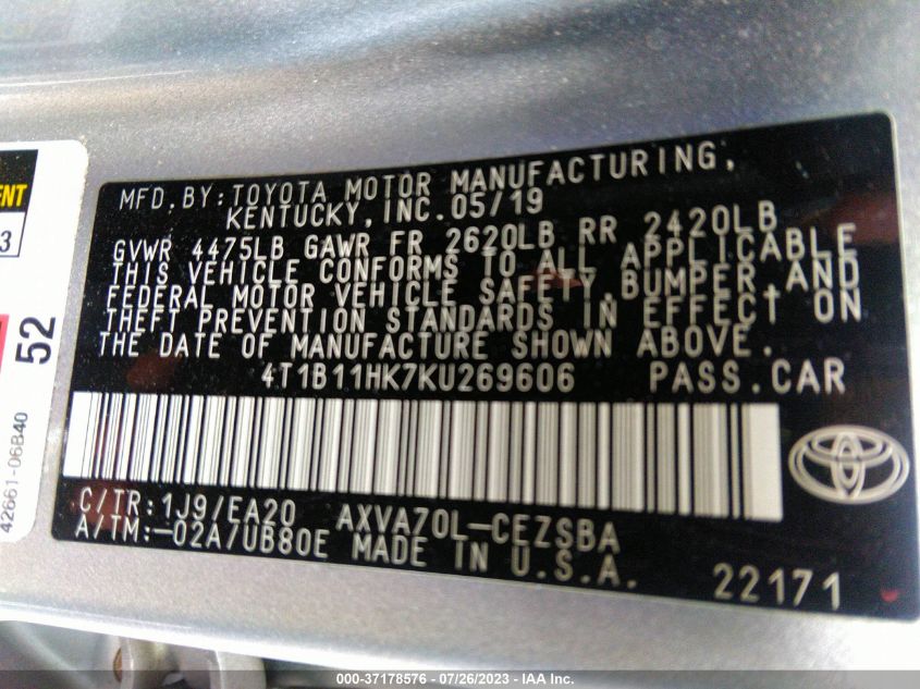 2019 TOYOTA CAMRY LE/SE/XLE/L - 4T1B11HK7KU269606