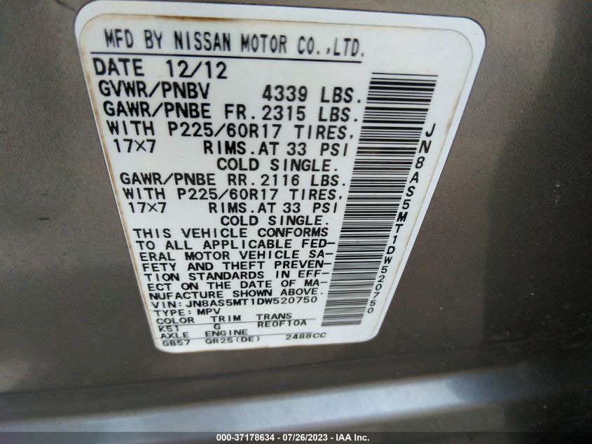 2013 NISSAN ROGUE SV - JN8AS5MT1DW520750