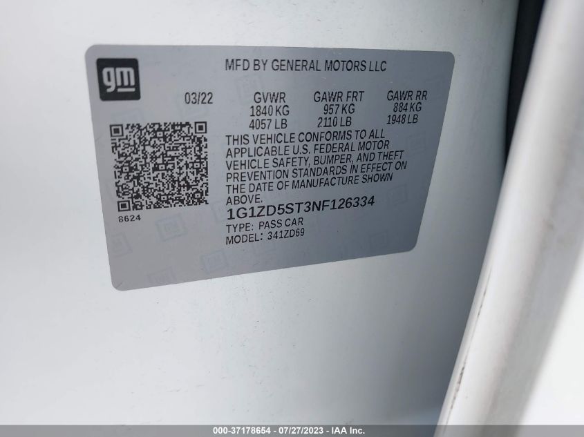 2022 CHEVROLET MALIBU LT - 1G1ZD5ST3NF126334