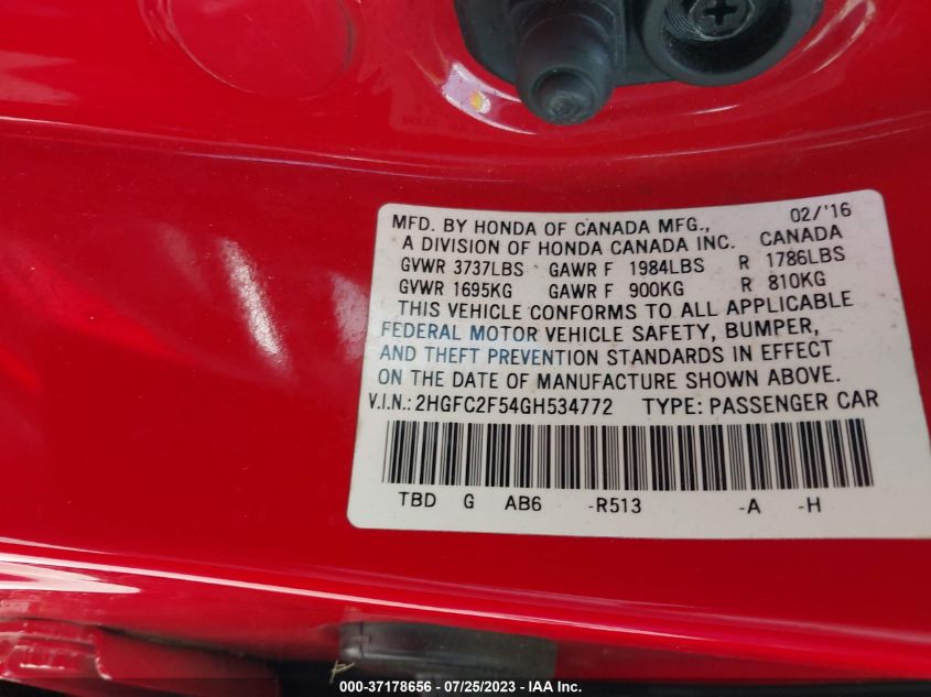 2016 HONDA CIVIC SEDAN LX - 2HGFC2F54GH534772