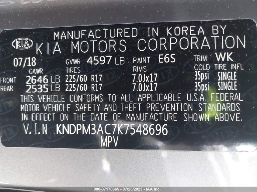 VIN KNDPM3AC7K7548696 2019 KIA SPORTAGE LX