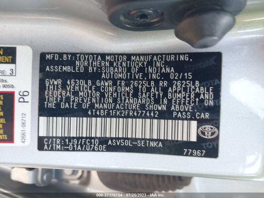 2015 TOYOTA CAMRY XLE/SE/LE/XSE - 4T4BF1FK2FR477442