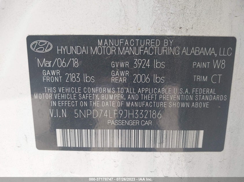 VIN 5NPD74LF9JH332186 2018 HYUNDAI ELANTRA SE