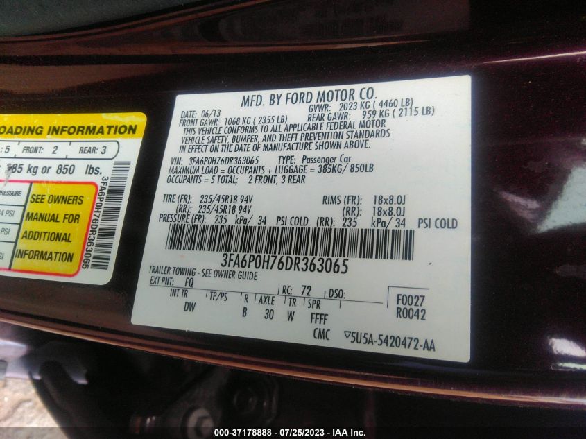 2013 FORD FUSION SE - 3FA6P0H76DR363065