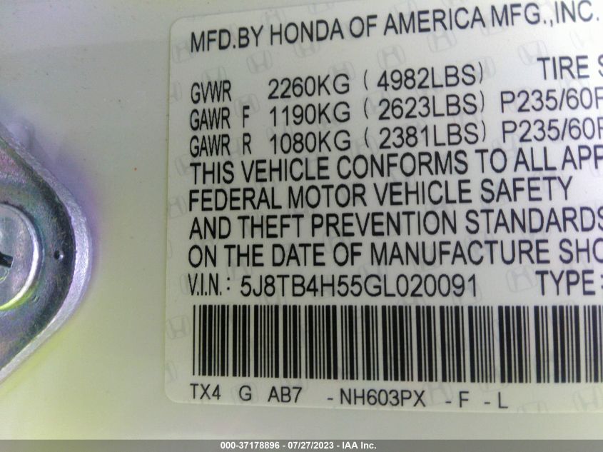 2016 ACURA RDX TECH PKG/TECH - 5J8TB4H55GL020091