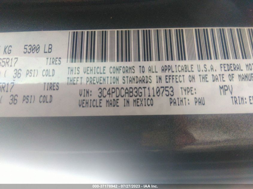 2016 DODGE JOURNEY SE - 3C4PDCAB3GT110753