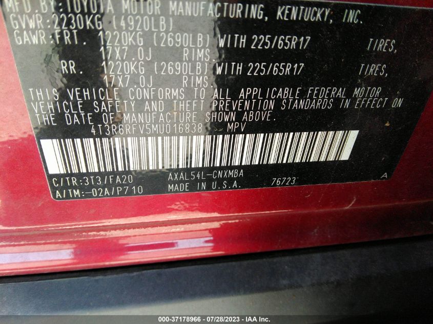 2021 TOYOTA RAV4 HYBRID - 4T3R6RFV5MU016838