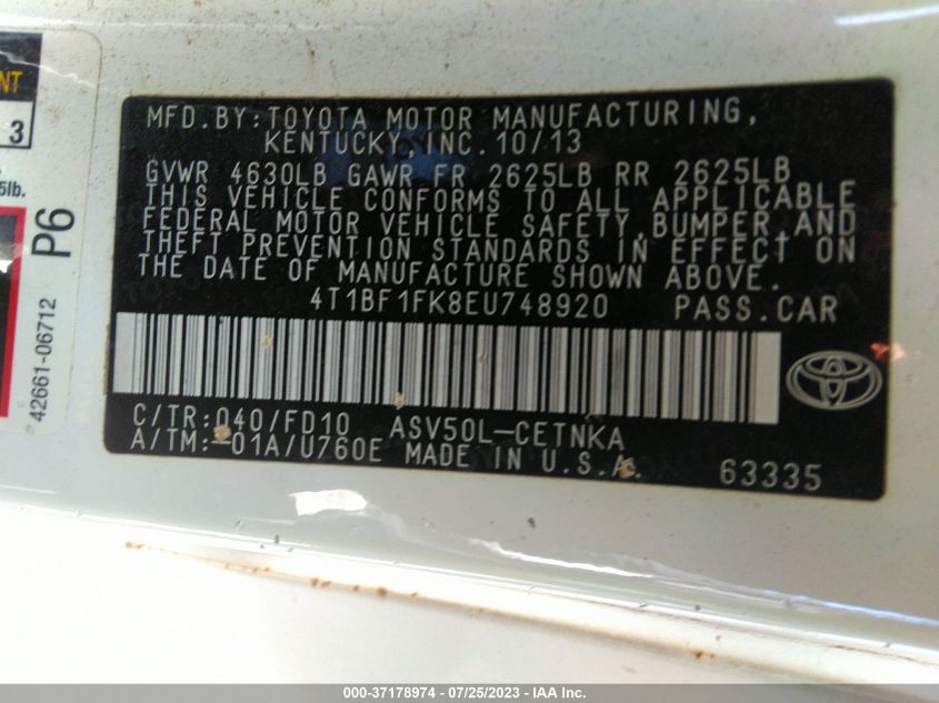 2014 TOYOTA CAMRY L/LE/XLE/SE/SE SPORT - 4T1BF1FK8EU748920