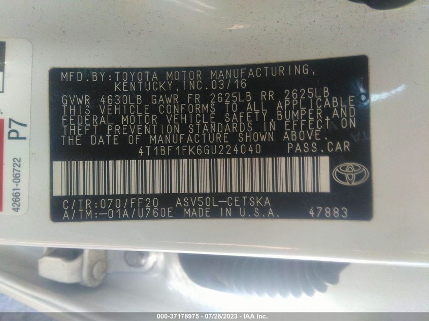 2016 TOYOTA CAMRY SE - 4T1BF1FK6GU224040