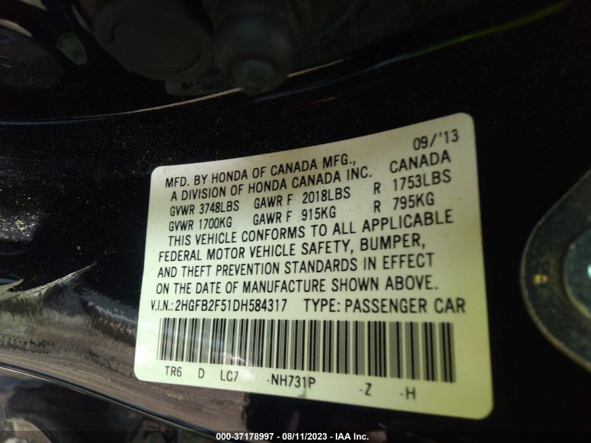 2013 HONDA CIVIC LX - 2HGFB2F51DH584317