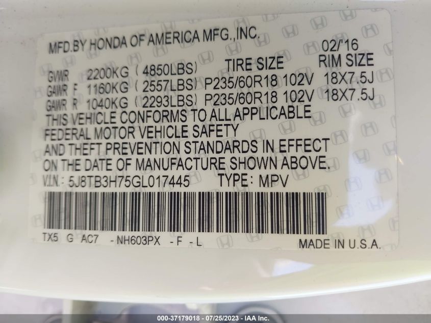 2016 ACURA RDX ADVANCE PKG - 5J8TB3H75GL017445