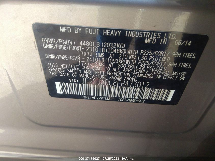 2015 SUBARU FORESTER 2.5I PREMIUM - JF2SJADC8FH473012