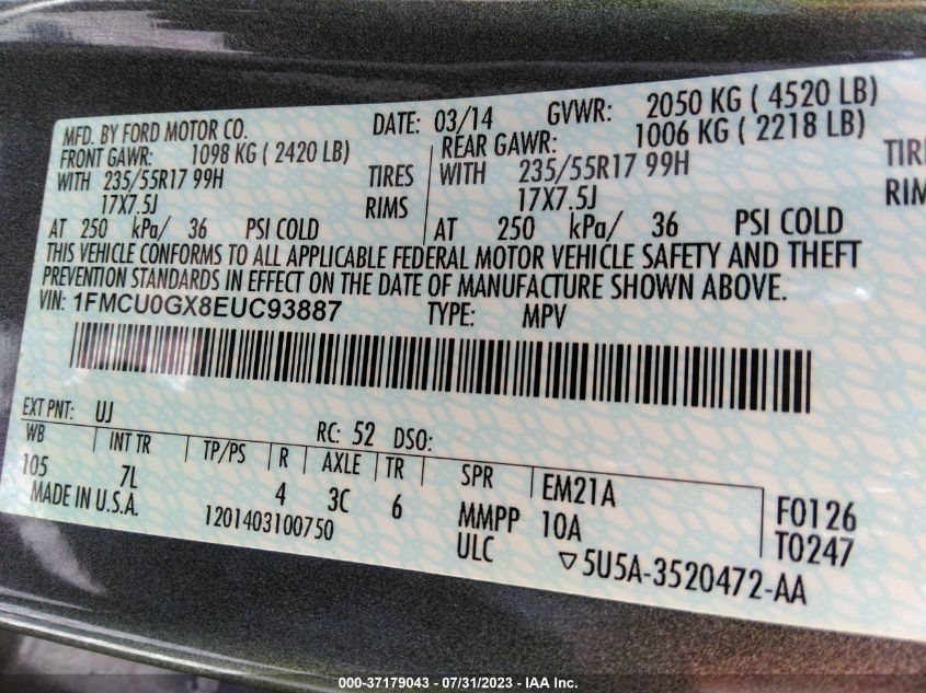 2014 FORD ESCAPE SE - 1FMCU0GX8EUC93887