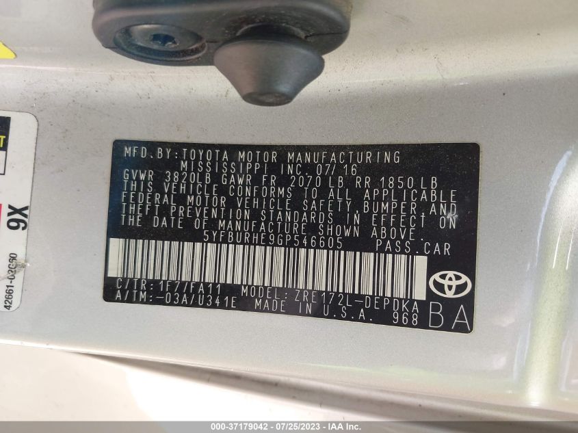 2016 TOYOTA COROLLA L/LE/S/S PLUS/LE PLUS - 5YFBURHE9GP546605