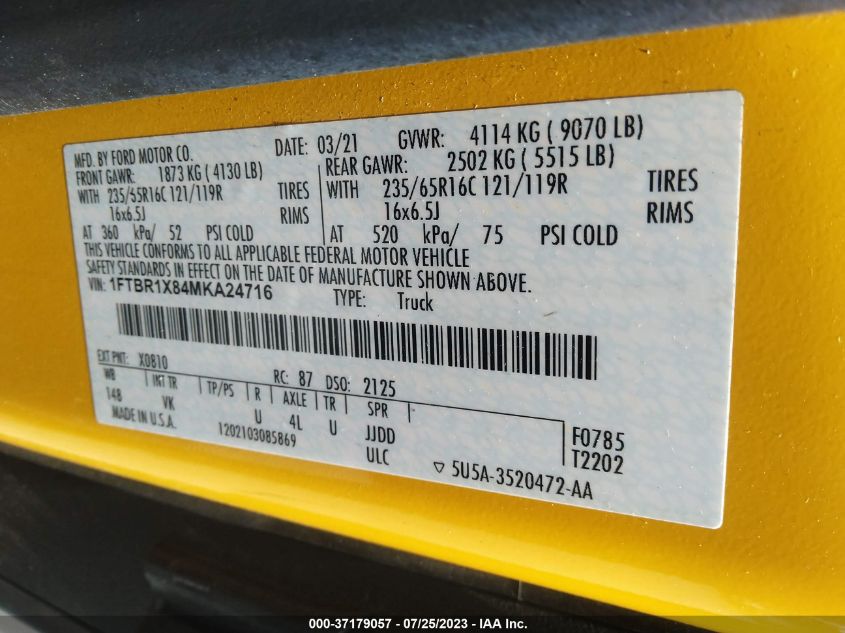 2021 FORD TRANSIT CARGO VAN - 1FTBR1X84MKA24716