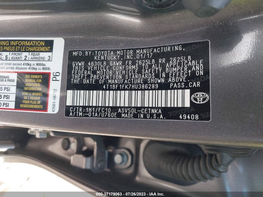 2017 TOYOTA CAMRY XLE/SE/LE/XSE - 4T1BF1FK7HU386289
