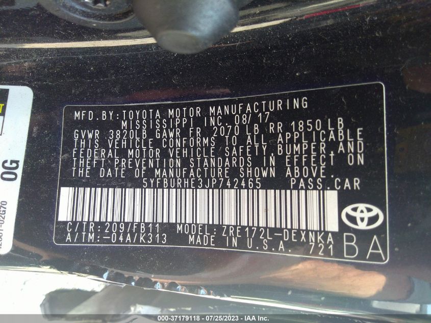 2018 TOYOTA COROLLA L/LE/XLE/SE/XSE - 5YFBURHE3JP742465