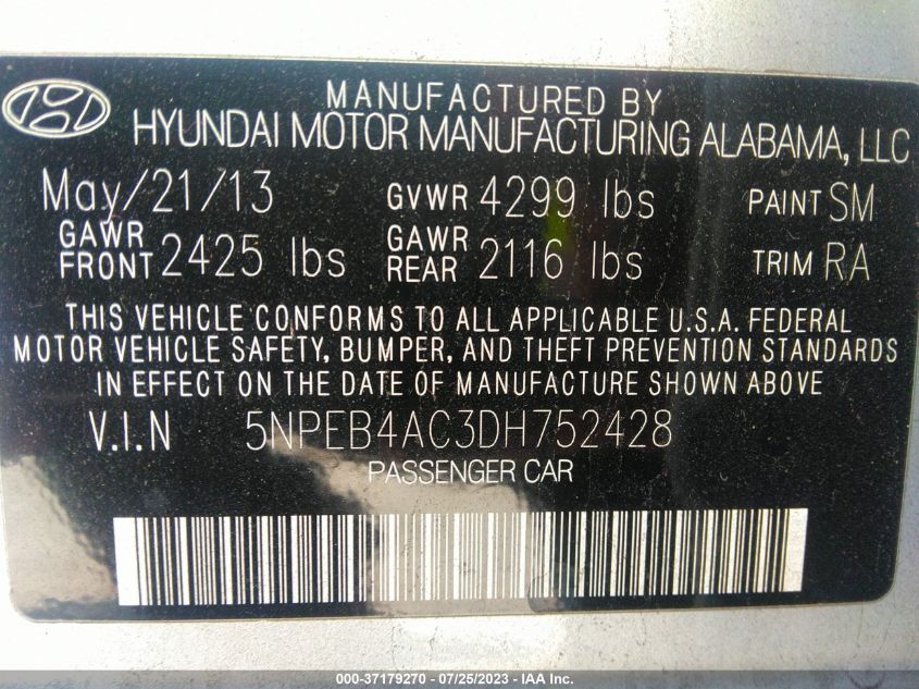 VIN 5NPEB4AC3DH752428 2013 HYUNDAI SONATA no.9