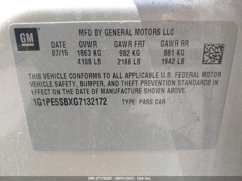 2016 CHEVROLET CRUZE - 1GLPE5SBXG7132172