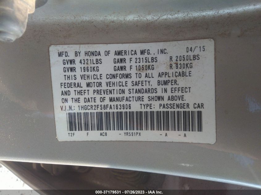 2015 HONDA ACCORD SEDAN SPORT - 1HGCR2F58FA163906