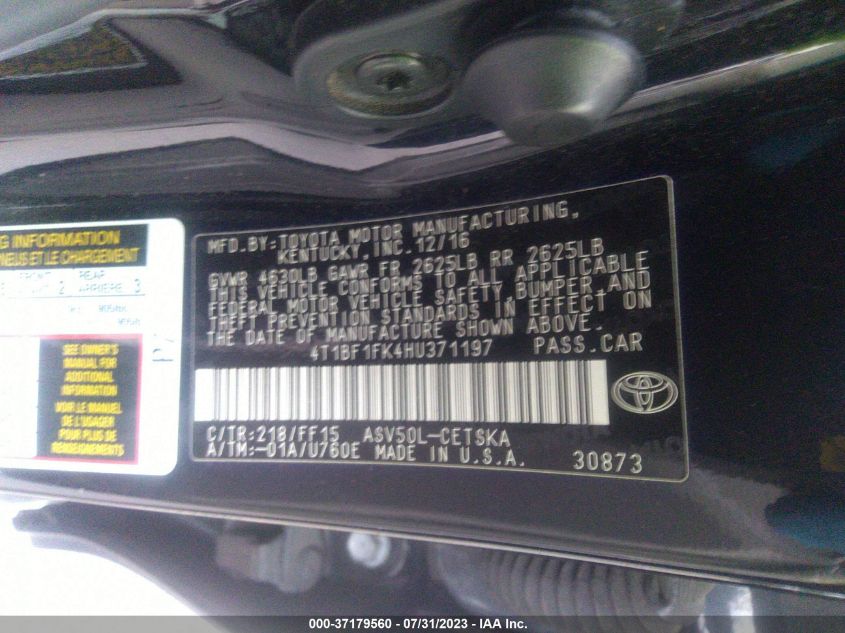 2017 TOYOTA CAMRY XLE/SE/LE/XSE - 4T1BF1FK4HU371197