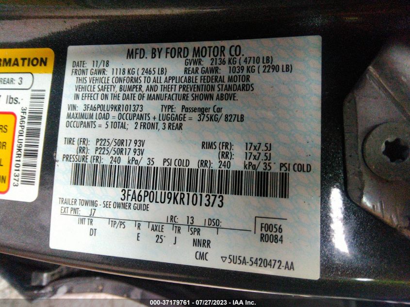 2019 FORD FUSION HYBRID SE - 3FA6P0LU9KR101373