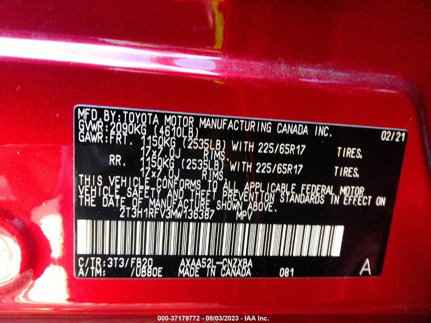 2021 TOYOTA RAV4 LE - 2T3H1RFV3MW136387