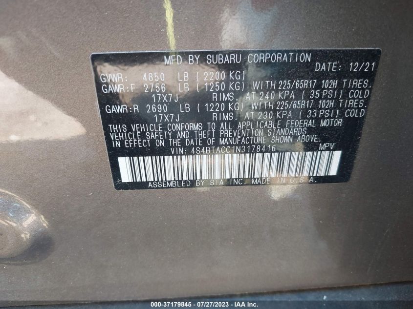 2022 SUBARU OUTBACK PREMIUM - 4S4BTACC1N3178416