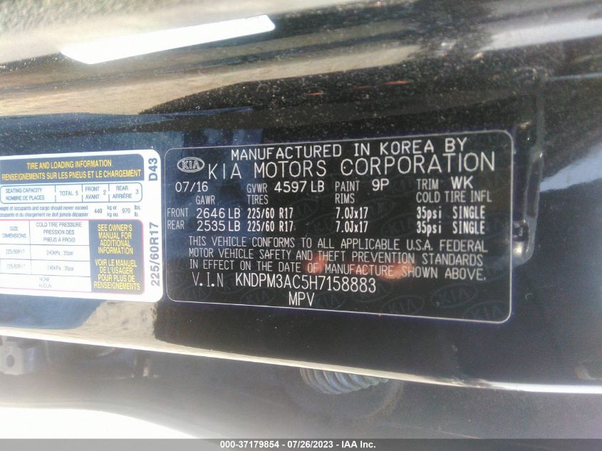 2017 KIA SPORTAGE LX - KNDPM3AC5H7158883